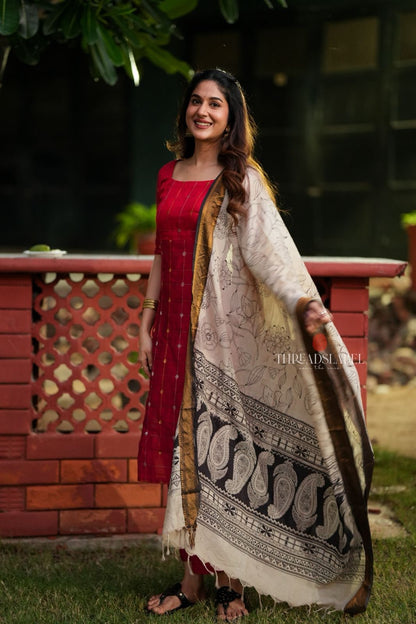 Red checked zari woven kurti