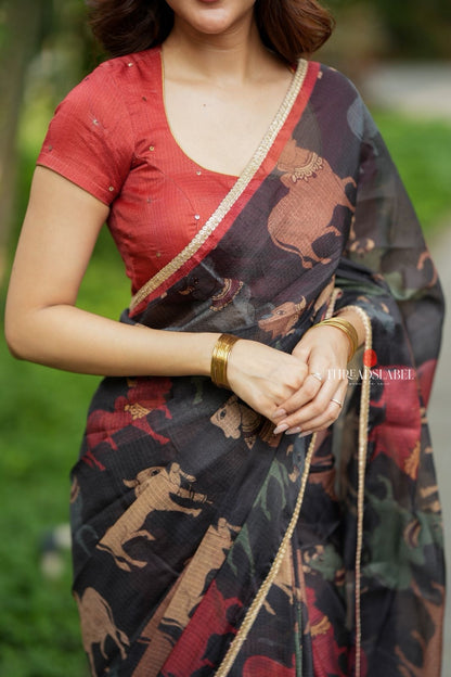 Black cow kota saree with paisley hand work blouse