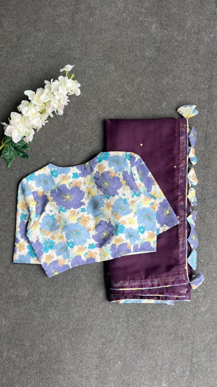 Wine kota saree with lilliac cotton blouse