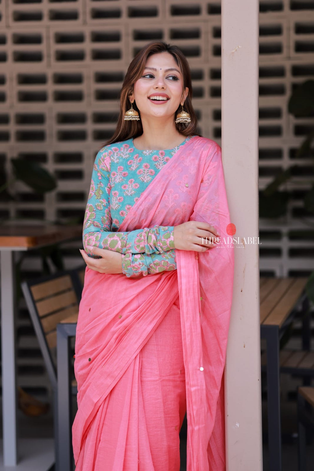 Baby pink mul chanderi saree with floral blouse