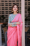 Baby pink mul chanderi saree with floral blouse