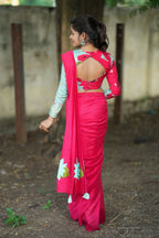 Pink marble silk saree with  embroidery blouse