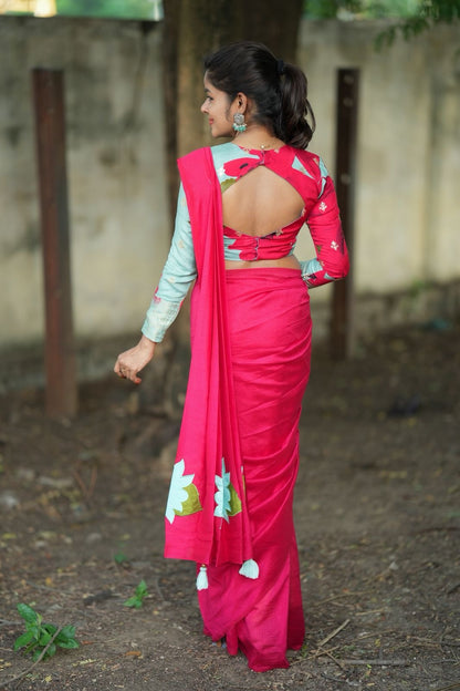 Pink marble silk saree with  embroidery blouseq