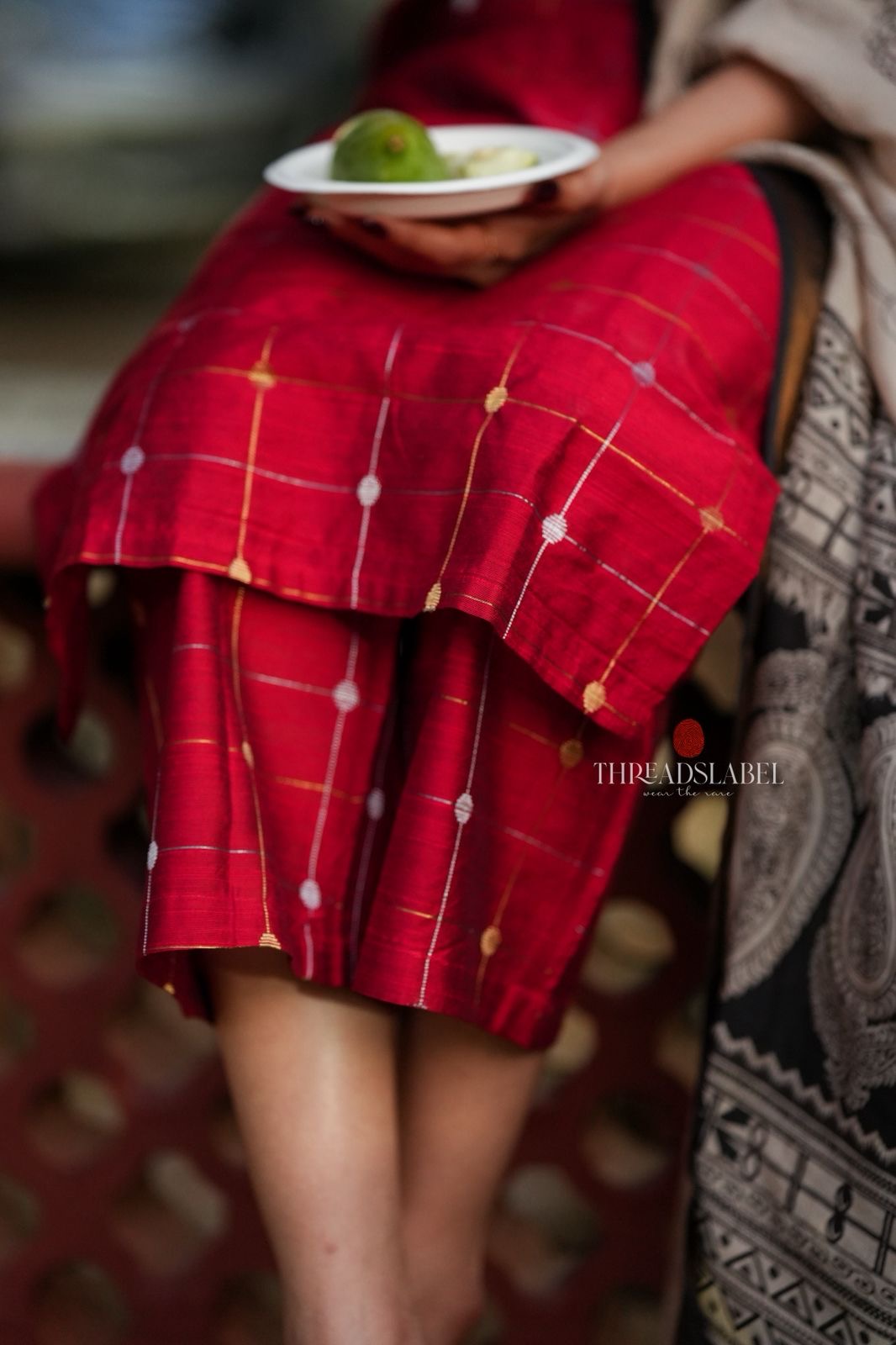 Red checked zari woven kurti