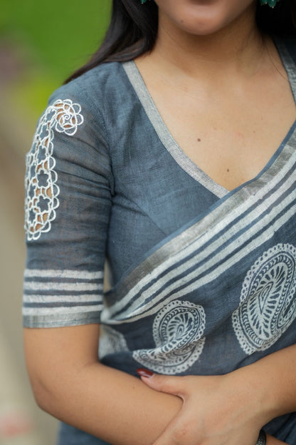 Grey linen floral printed designer saree