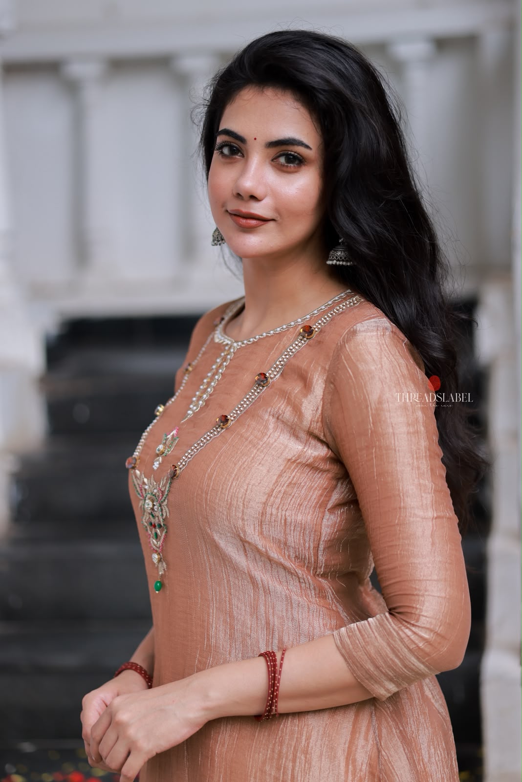Peach tissue JEWEL NECK kurti