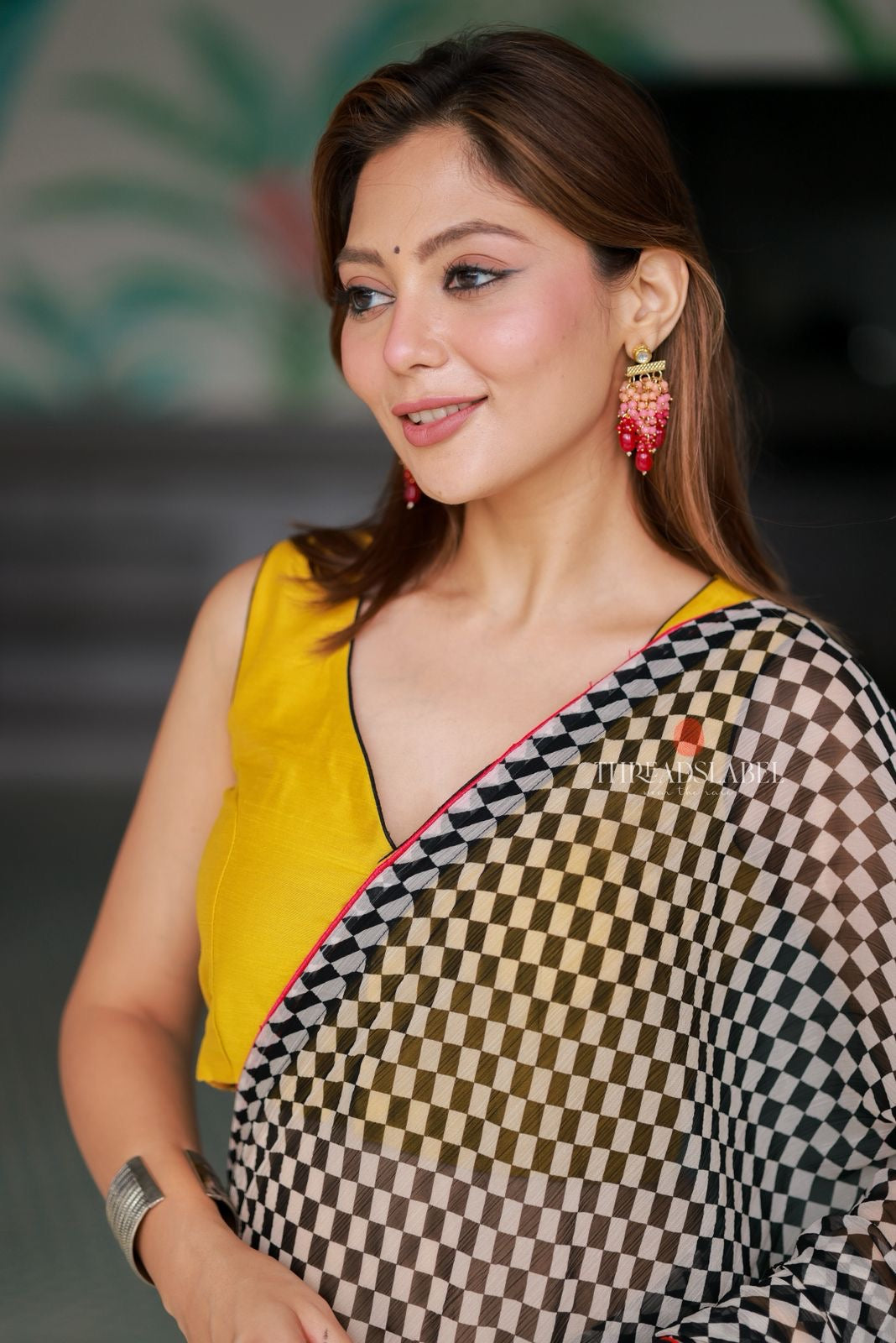 Black & white matrix chiffon saree with chess blouse