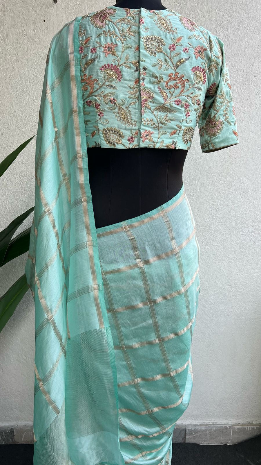Cyan blue embroidery work blouse
