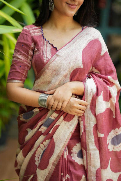 Brown linen floral saree with hand work blouse