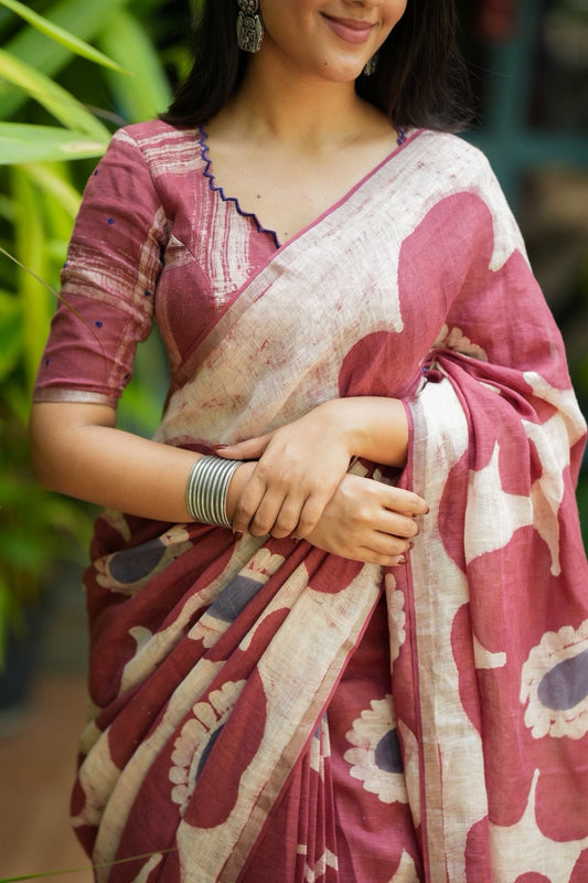 Brown linen floral saree with hand work blouse