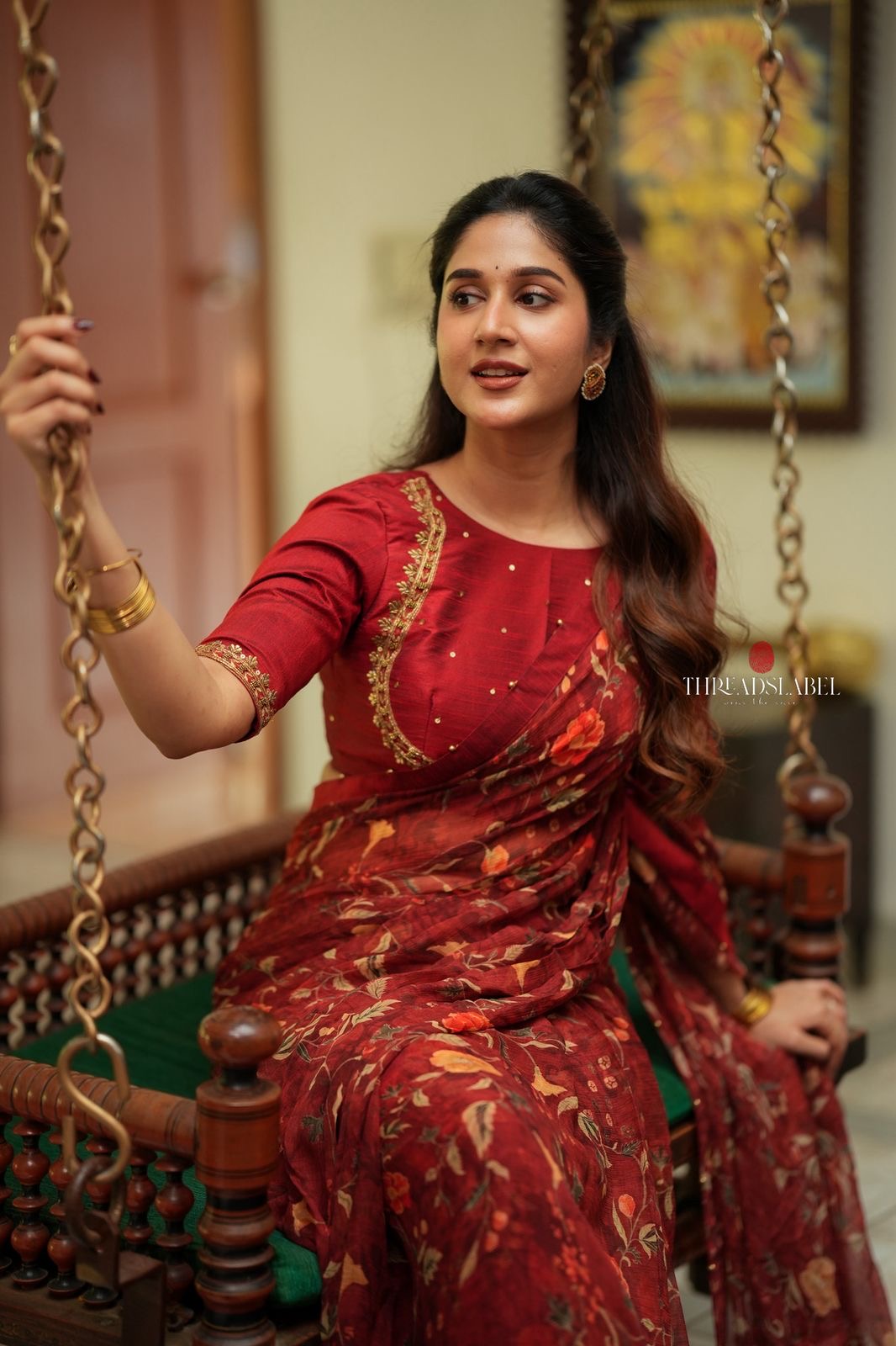 Maroon chiffon floral saree with hand work blouse