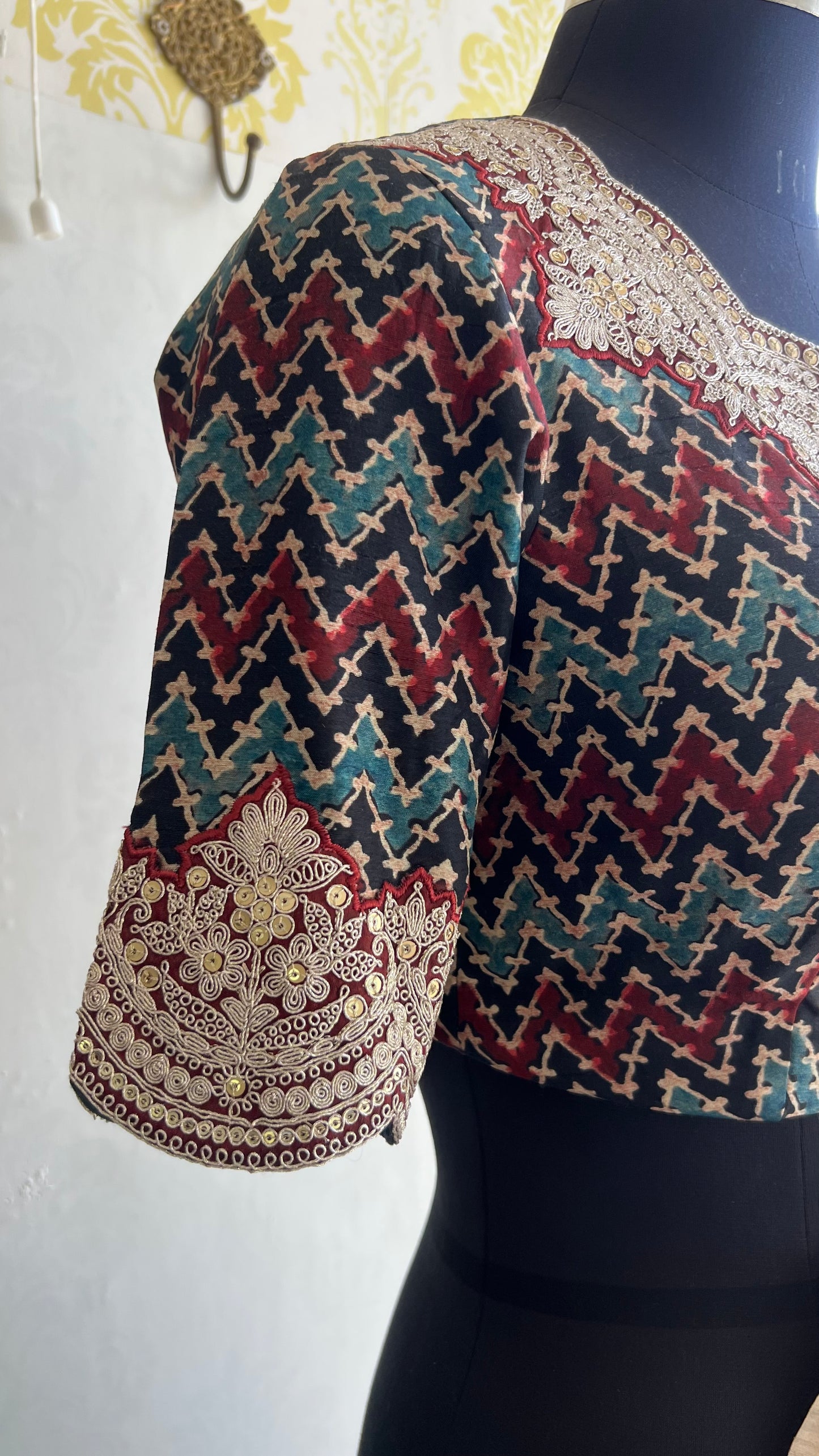 Golden cream tissue saree with ajrak embroidery blouse