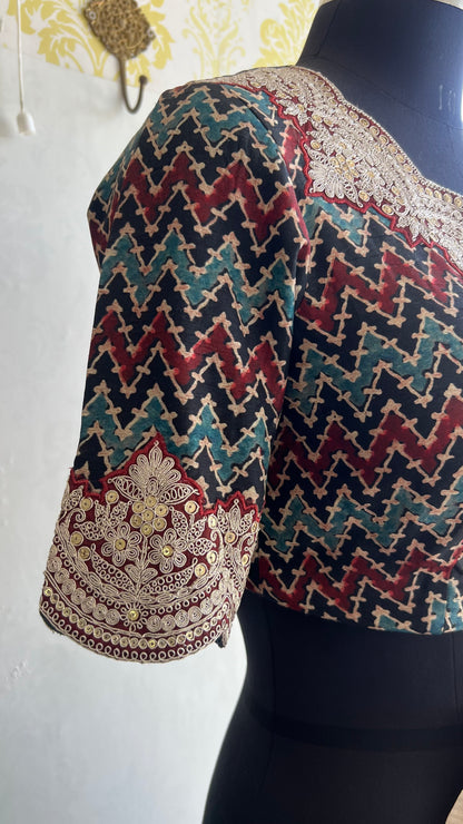 Golden cream tissue saree with ajrak embroidery blouse