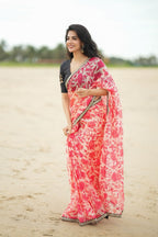 Cream red kota saree with silk hand work blouse
