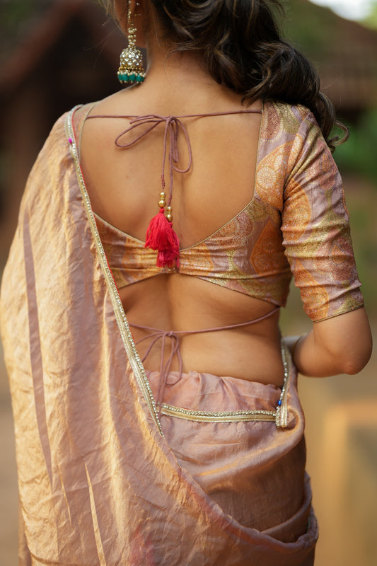 Golden peach glass tissue saree with banarasi blouse