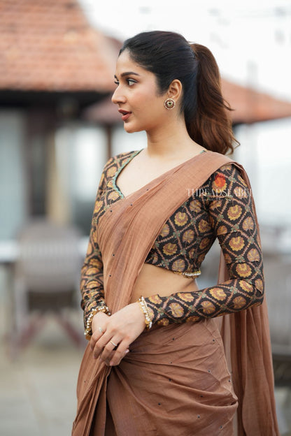 Brown malai chanderi saree with Ajrak print blouse