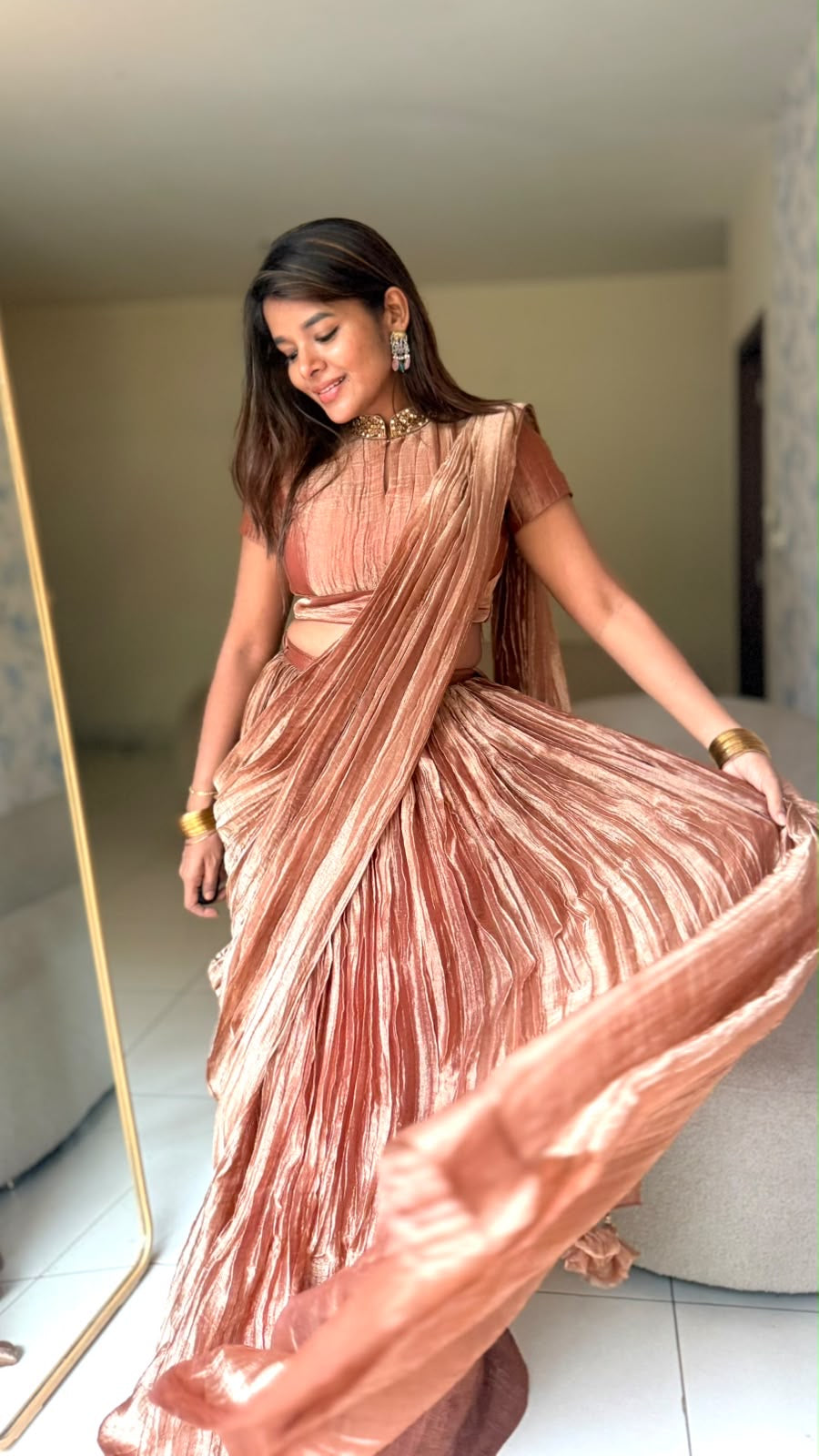 Copper tissue hand work lehenga