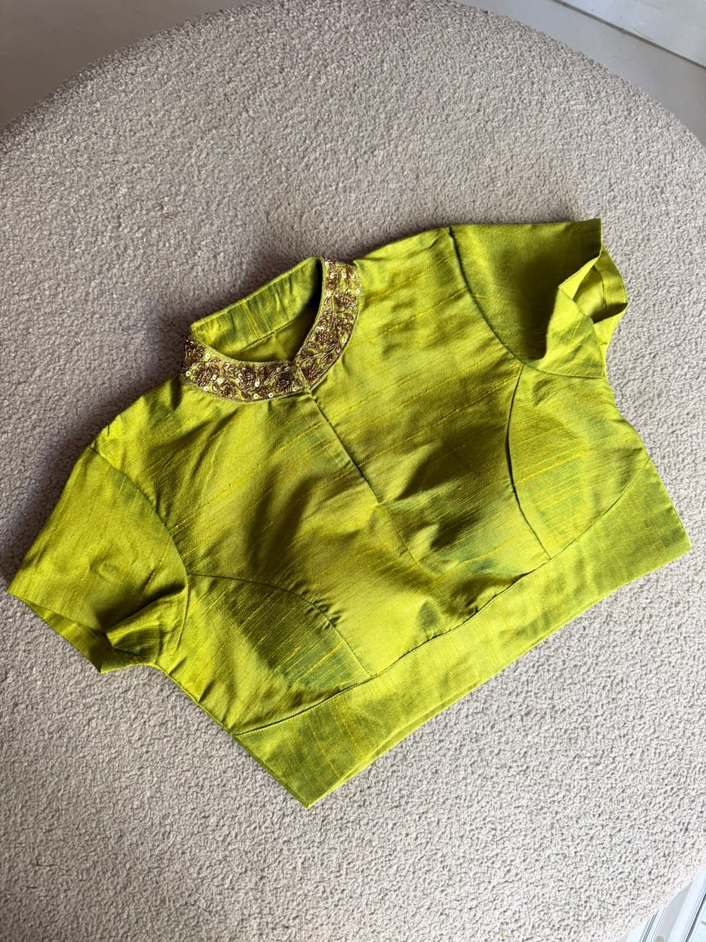 Lime green silk collar hand work blouse