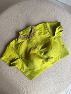 Lime green silk collar hand work blouse