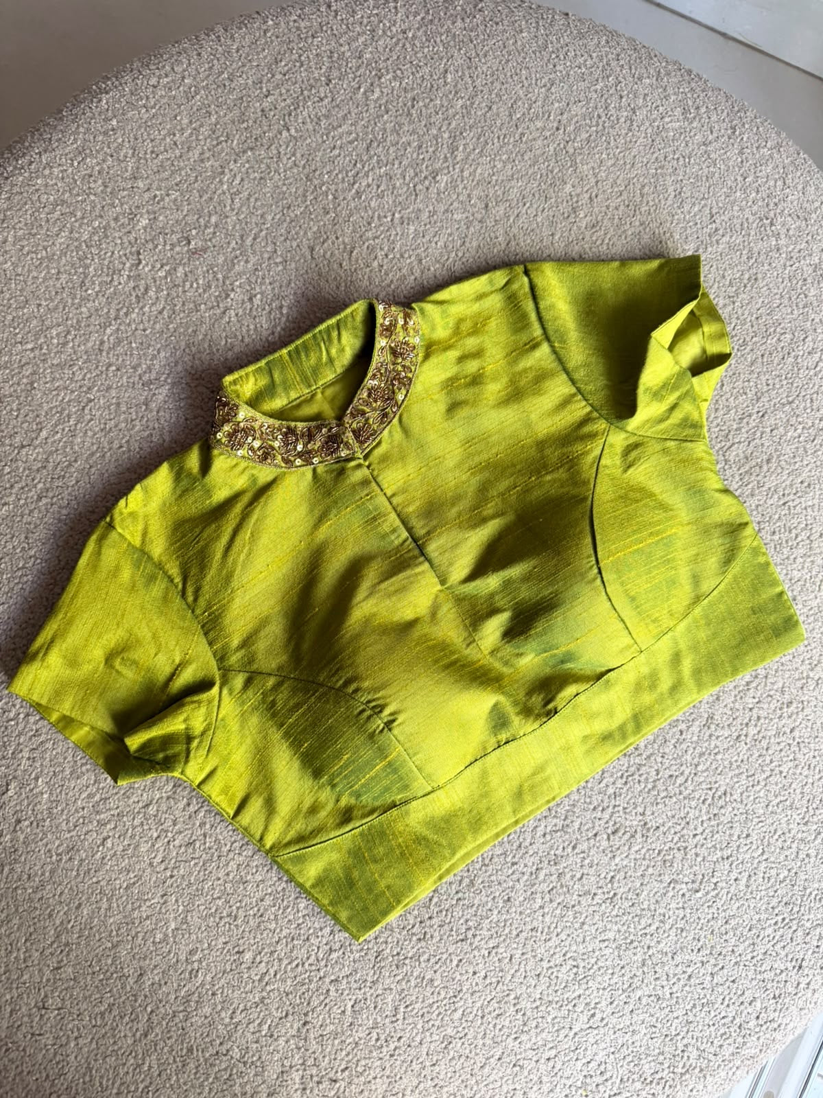 Lime green silk collar hand work blouse