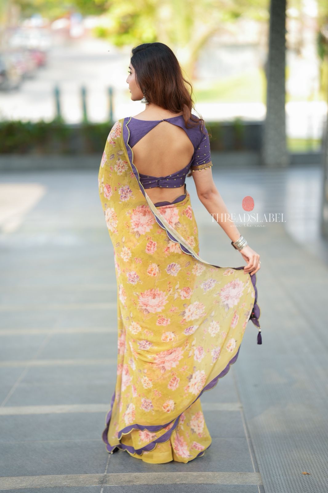 Mehandi green georgette saree with hand work blouse