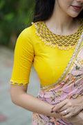 Yellow silk JEWEL NECK hand work blouse