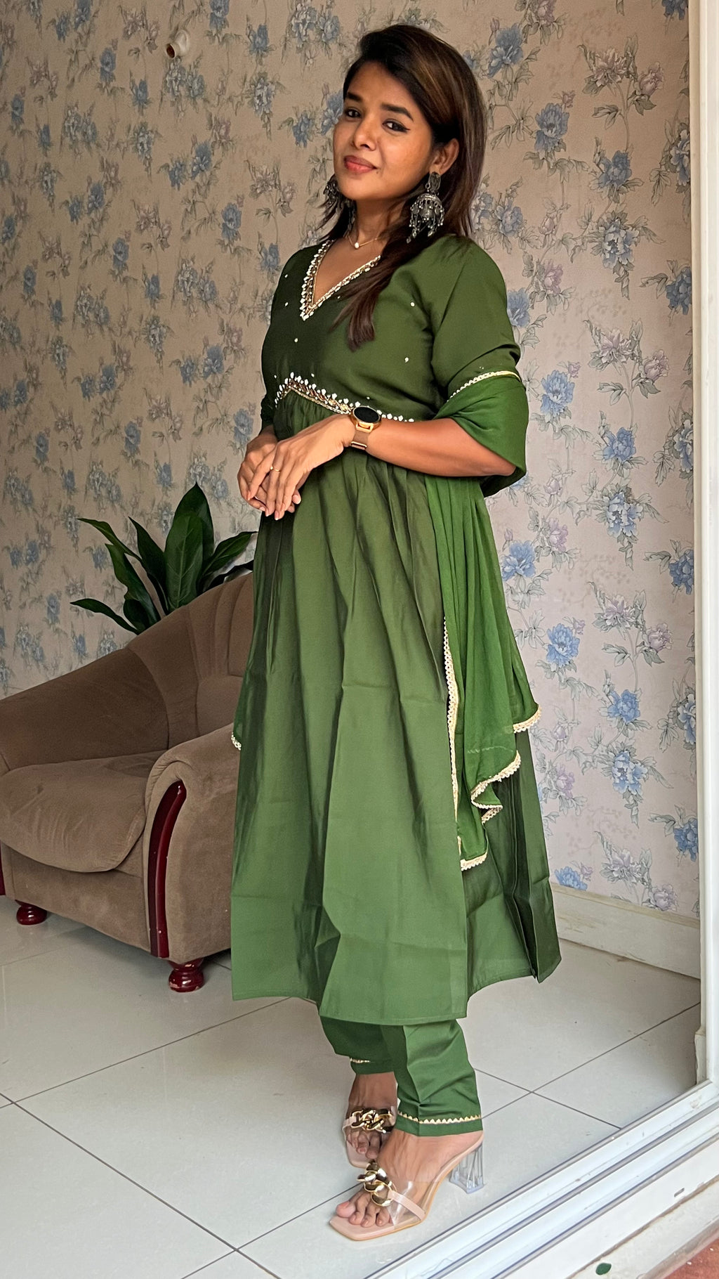 Mehandhi green silk 3 piece kurti suit