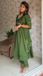 Mehandhi green silk 3 piece kurti suit