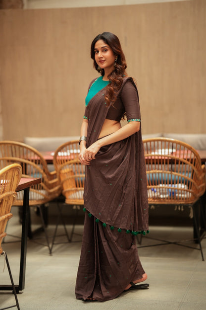 Dark brown mul chanderi with mirror blouse