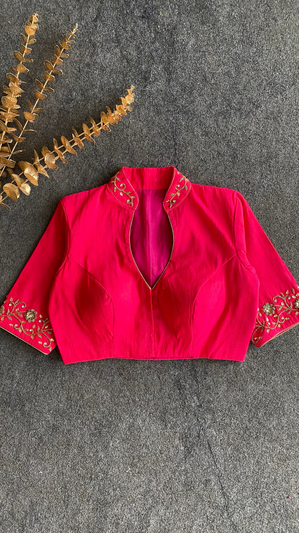Pink silk collar & sleeves hand worked blouse