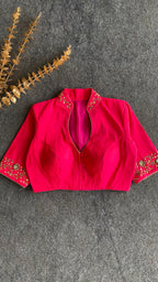 Pink silk collar & sleeves hand worked blouse