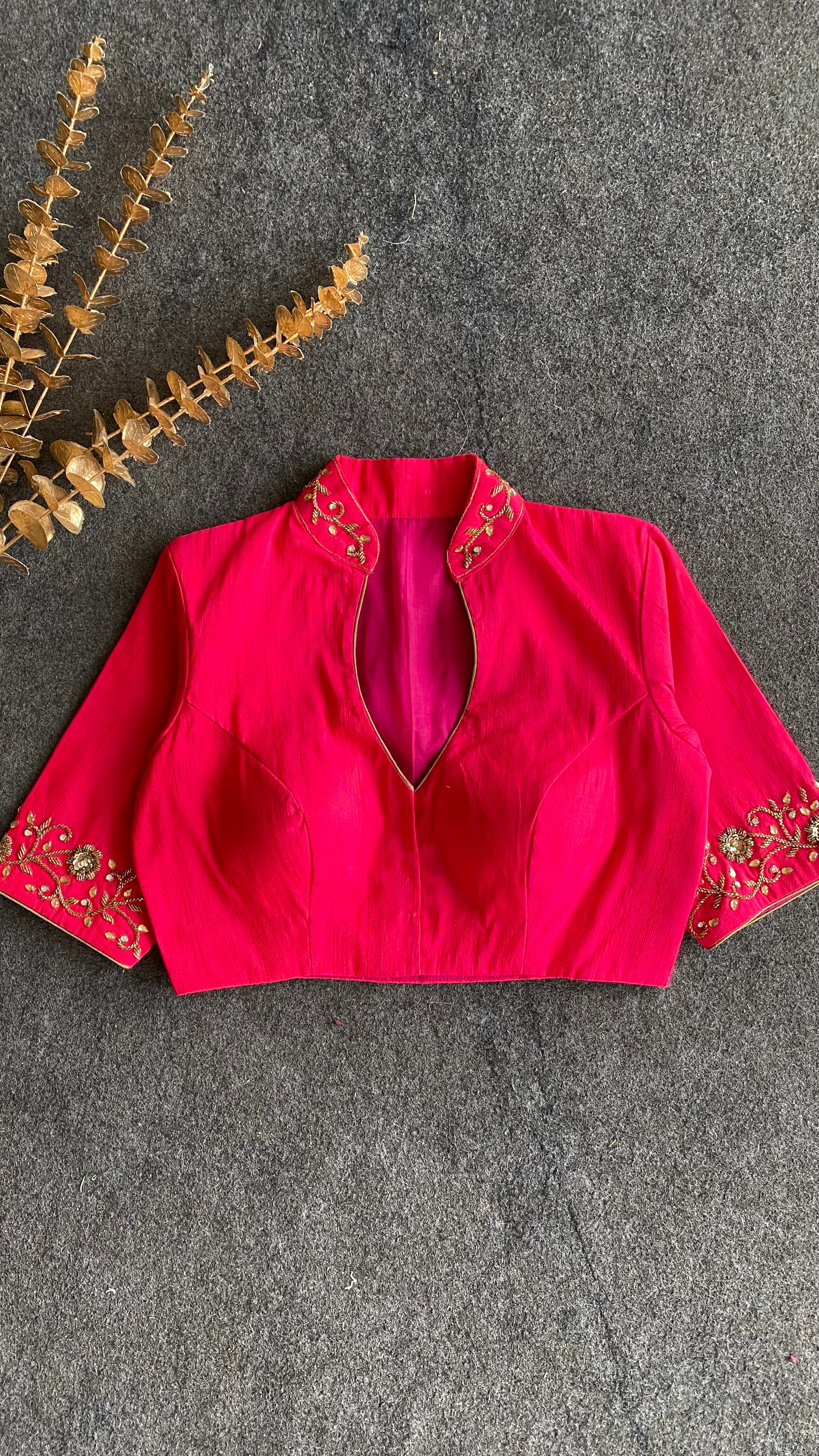 Pink silk collar & sleeves hand worked blouse
