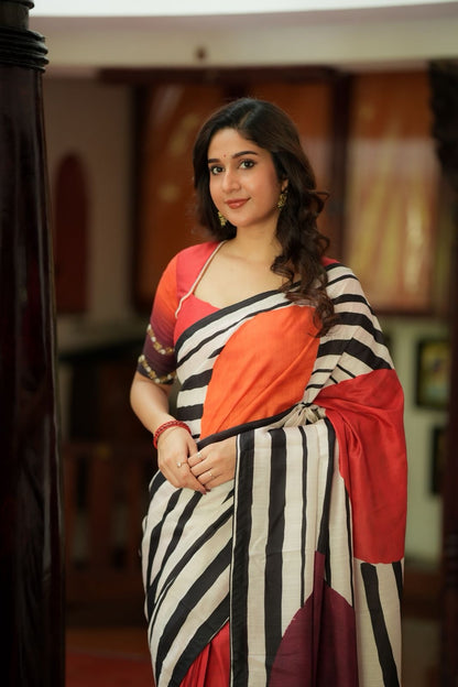 Black & white stripped kossa designer saree