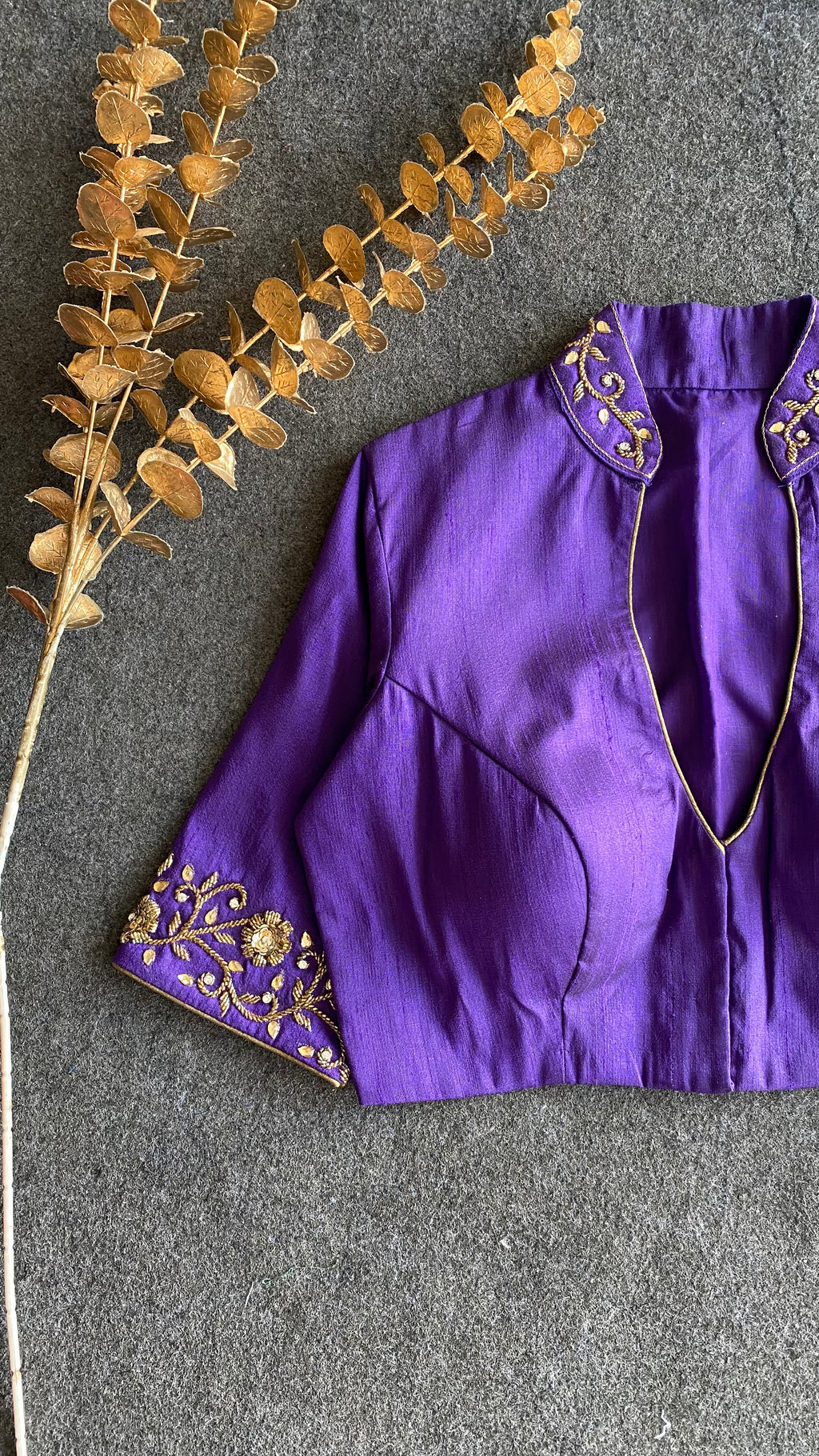 Purple silk collar & sleeves hand worked blouse