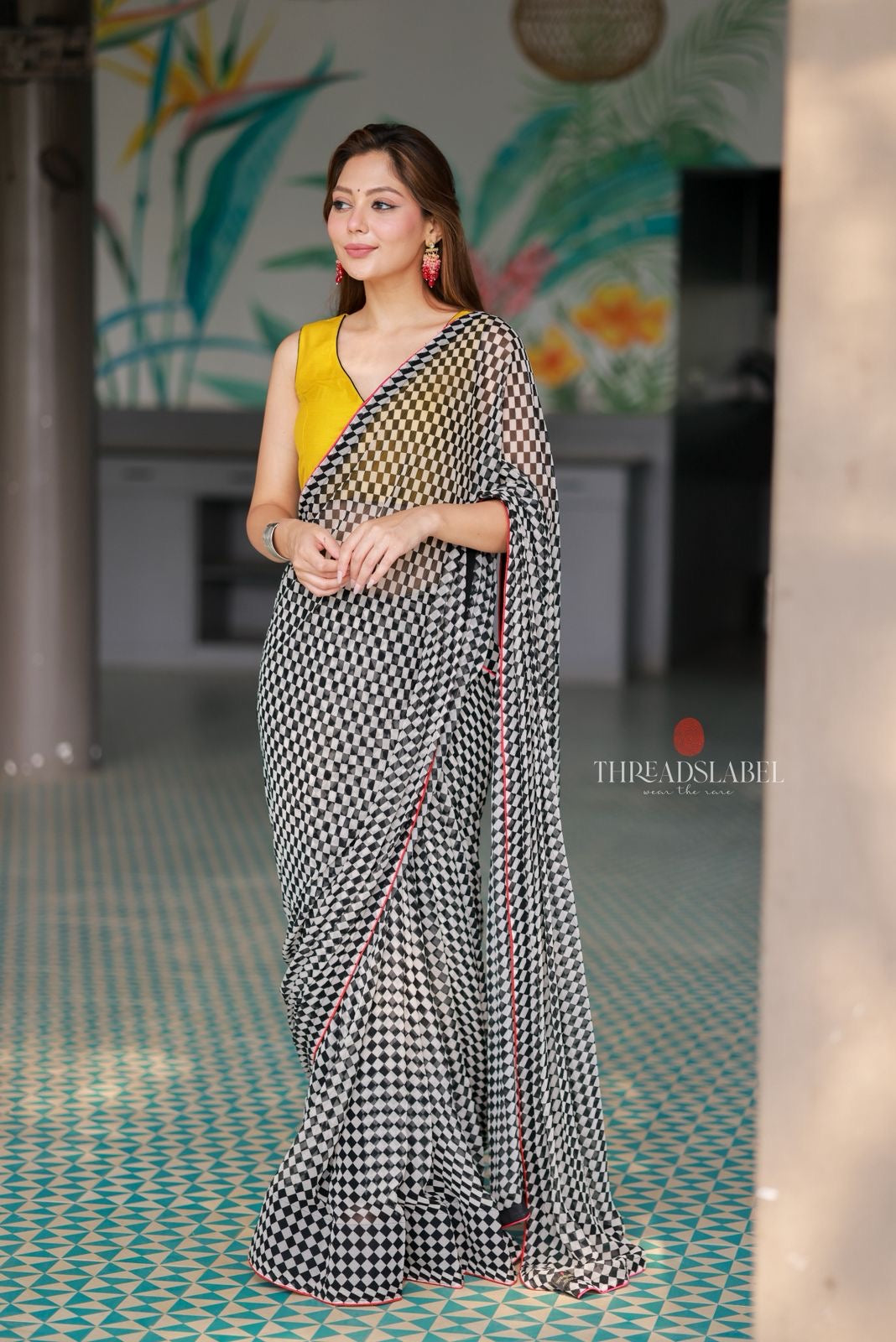 Black & white matrix chiffon saree with chess blouse
