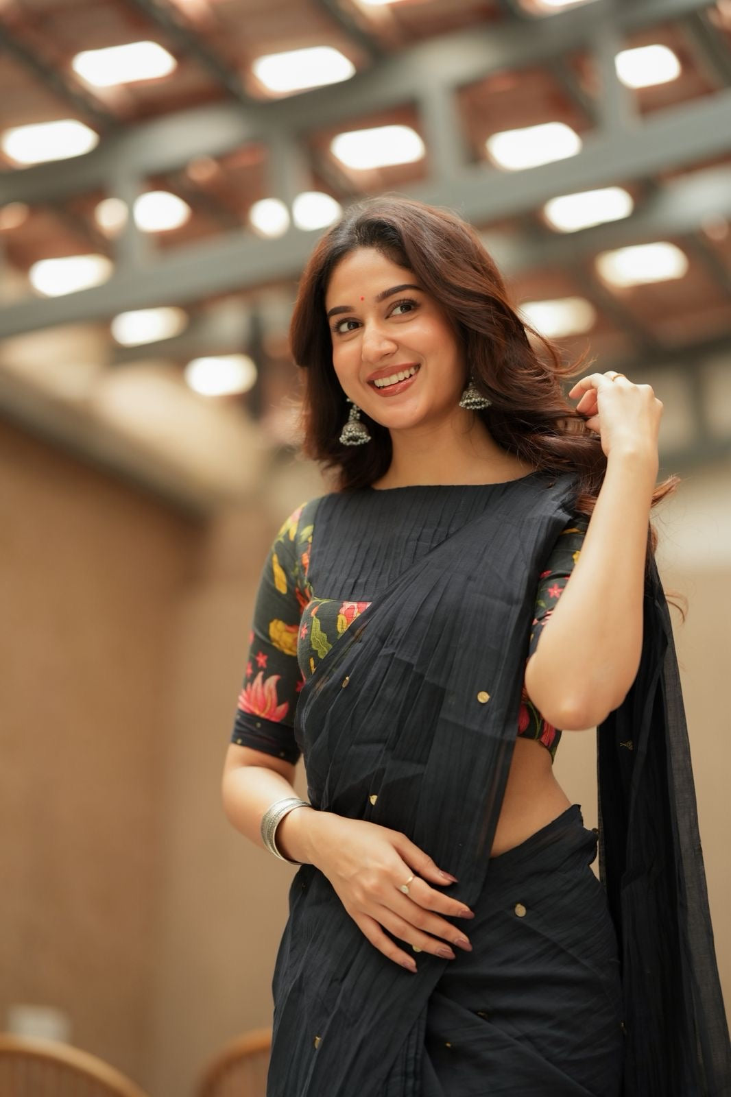 Black chanderi cotton floral print blouse (only blouse)