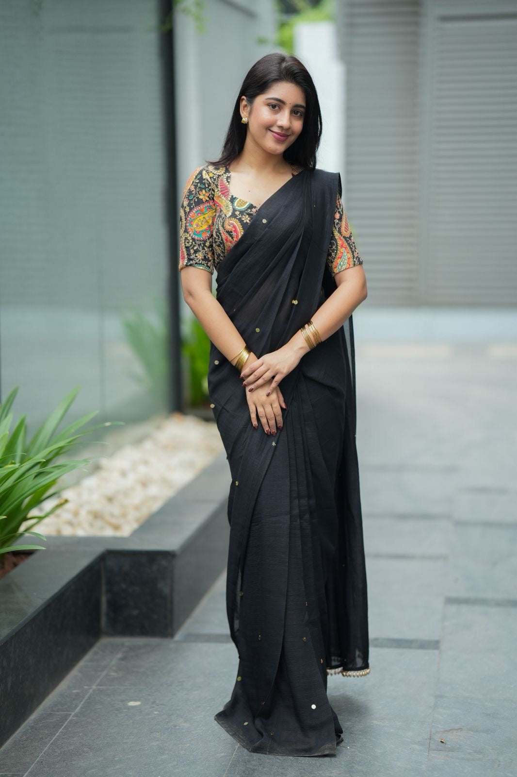 Black malai chanderi saree with heavy embroidery blouse