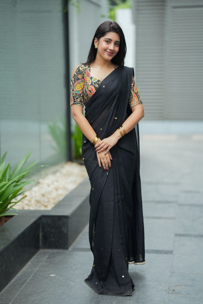 Black malai chanderi saree with heavy embroidery blouse
