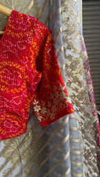 Striped grey organza saree with chiffon embroidery blouse - Threads