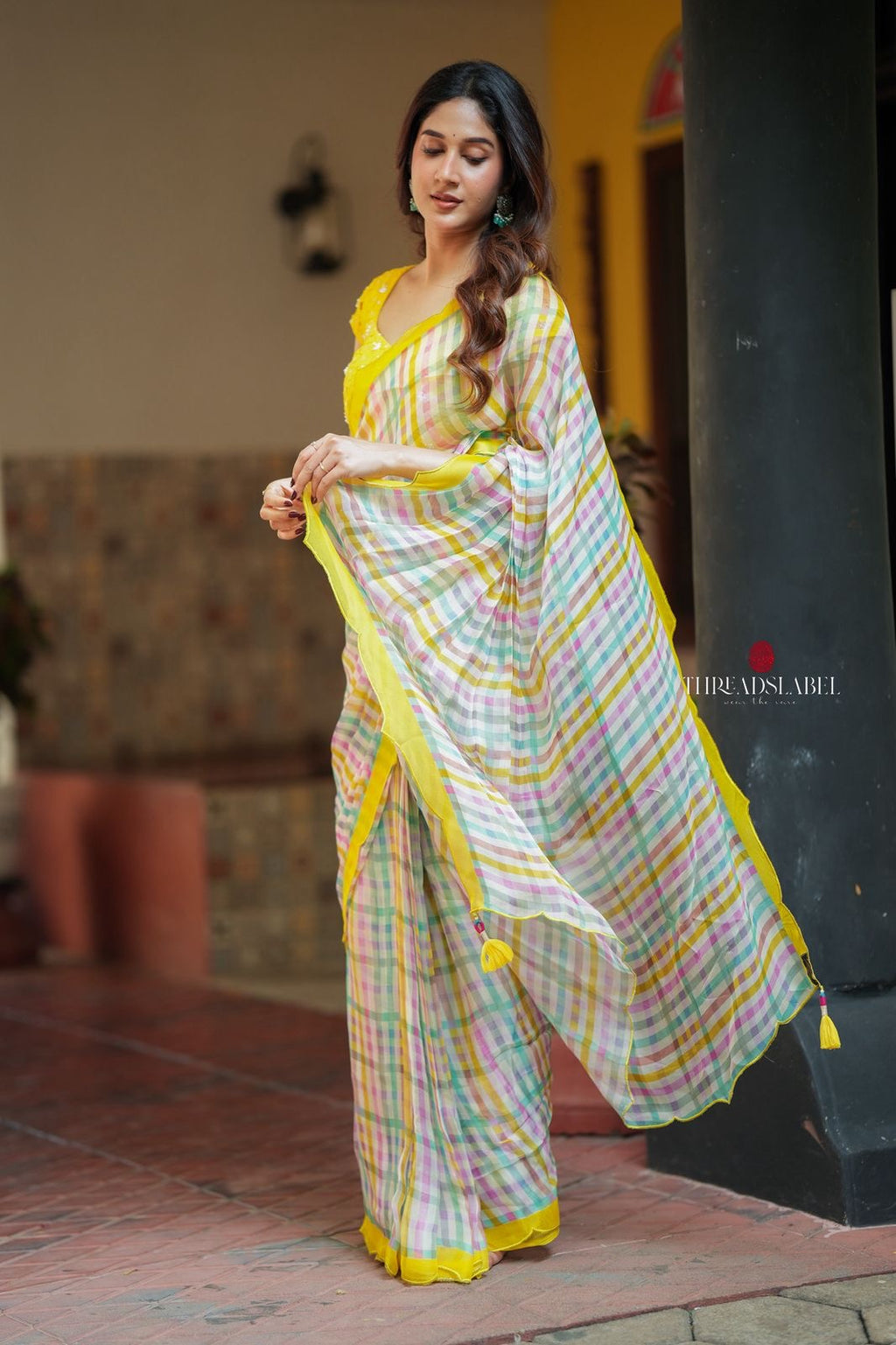 Multi viscose jute saree with hand work blouse