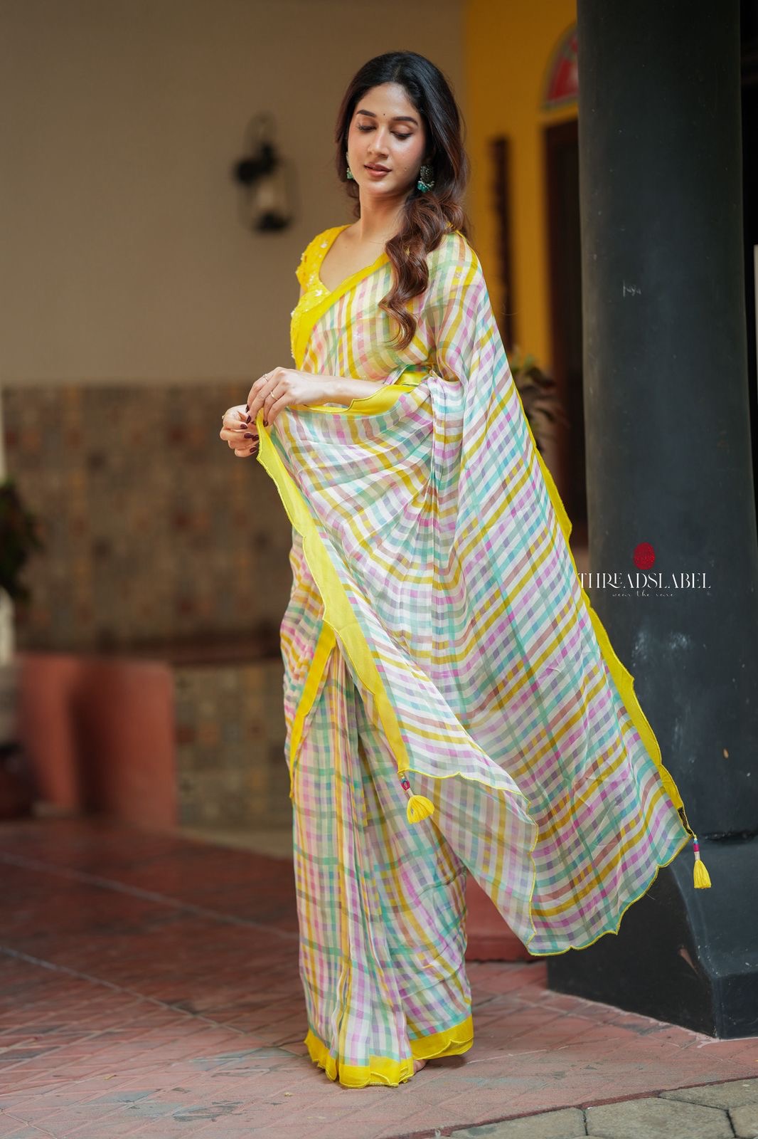 Multi viscose jute saree with hand work blouse