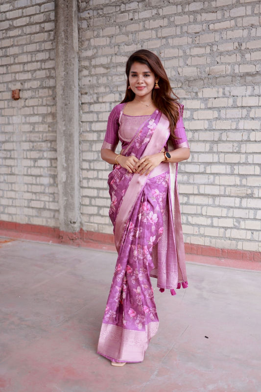Cheryl pink georgette saree with patterned blouse