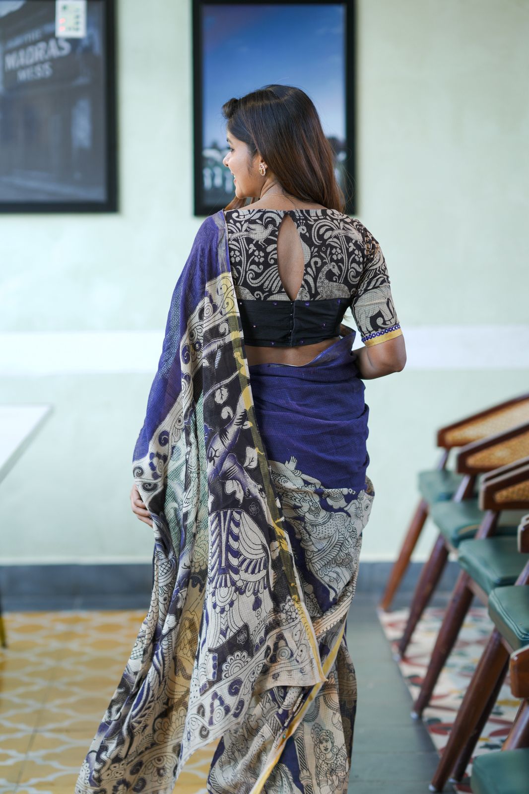 Purple kota saree with kalamkari work blouse