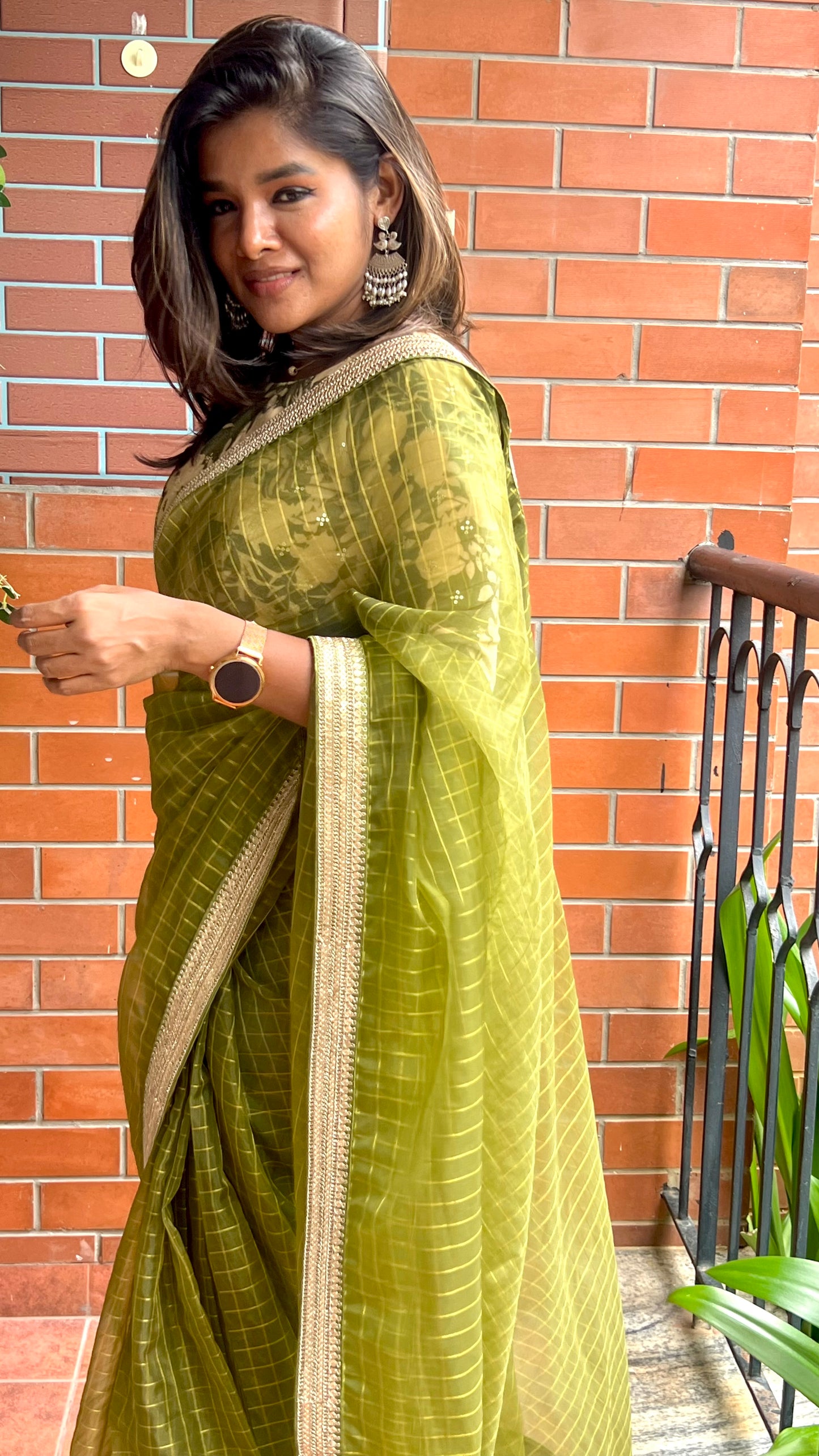 Apple green checked organza saree with velvet embroidery blouse