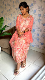 Peach Chinnon floral printed 3 piece kurti suit