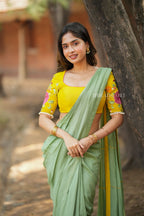 Yellow silk floral embroidery blouse (only blouse)