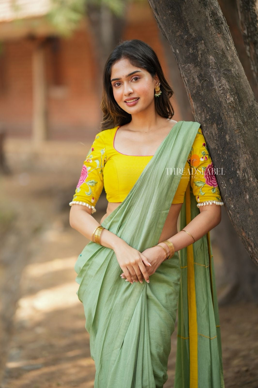 Yellow silk floral embroidery blouse (only blouse)