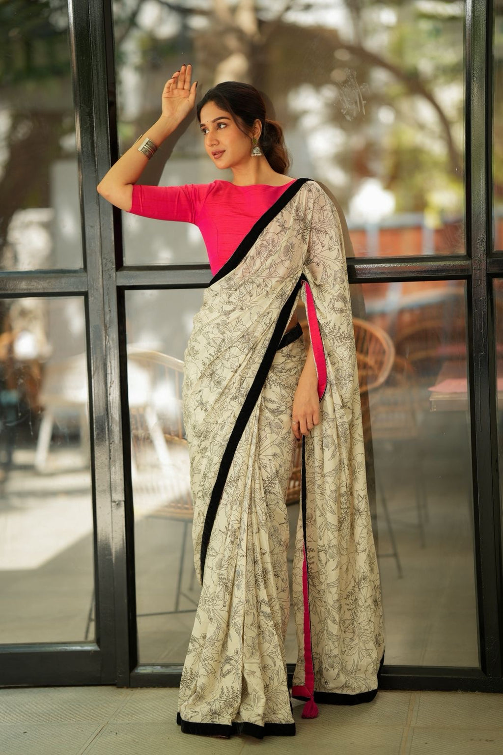 Half white mul cotton kalamkari saree with handwork blouse