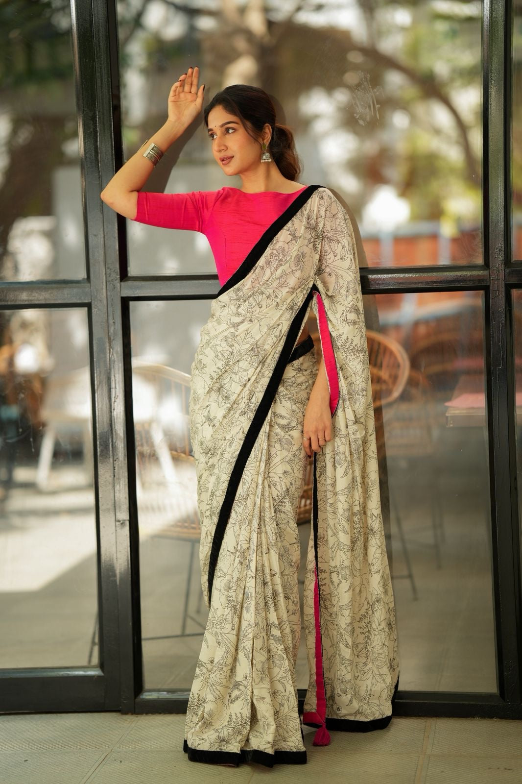 Half white mul cotton kalamkari saree with handwork blouse