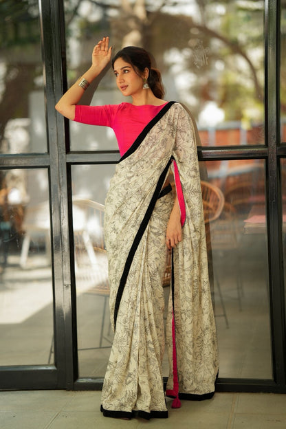 Half white mul cotton kalamkari saree with handwork blouse